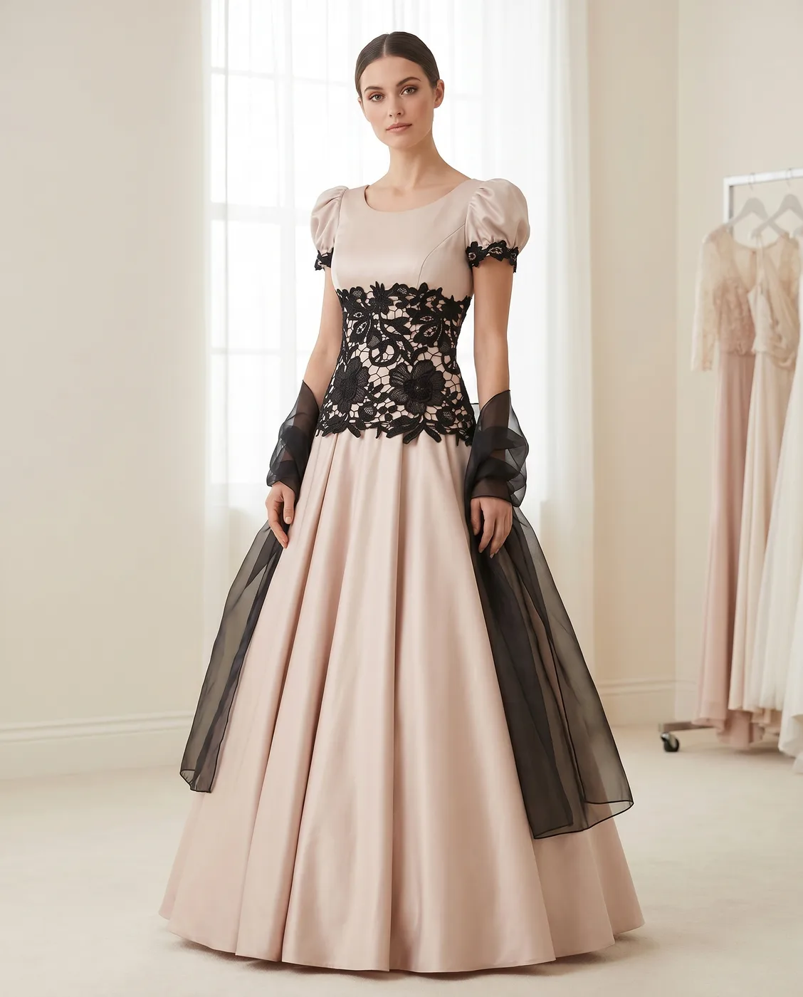 Blush Black-Lace A-Line Gown