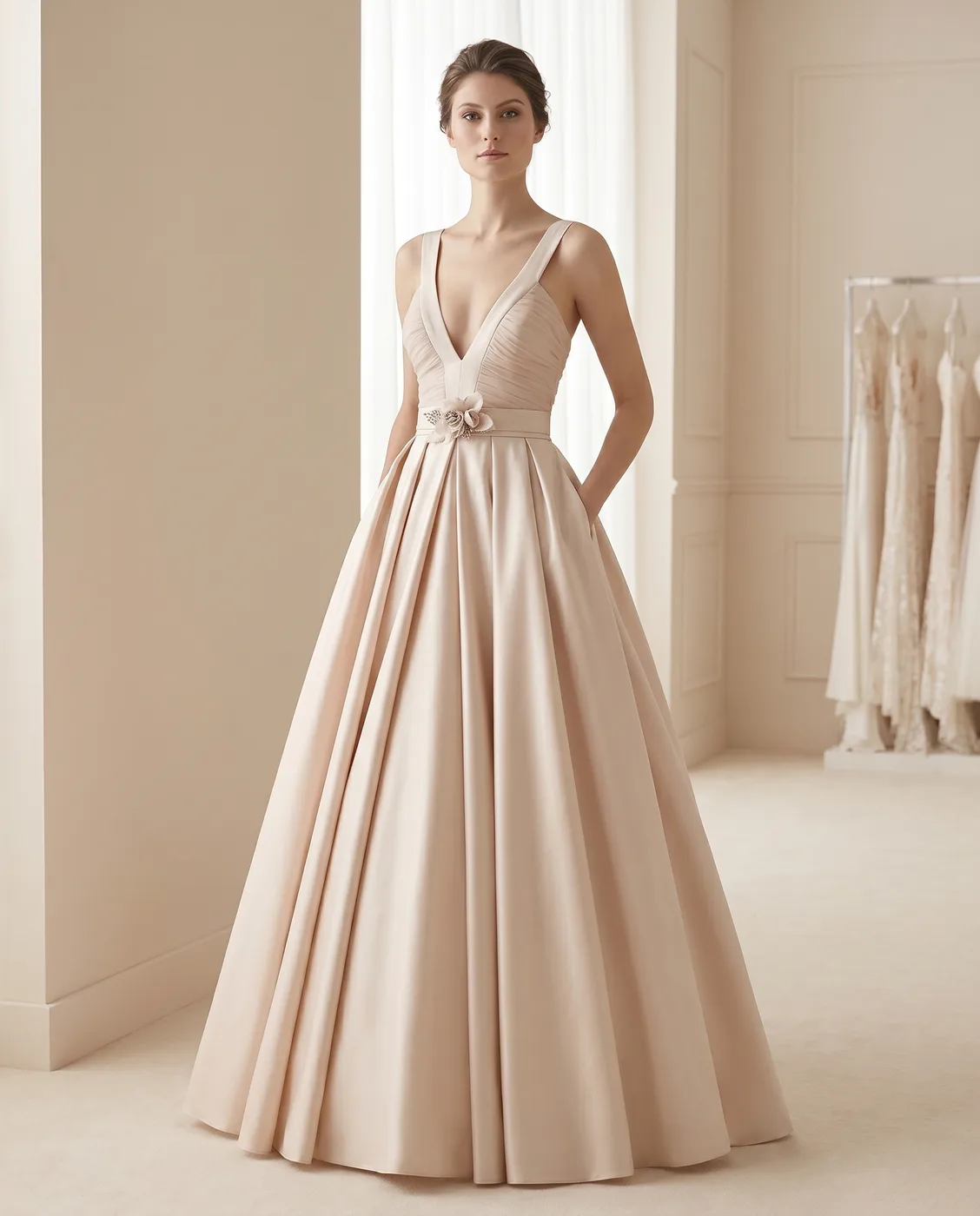 Blush Pleated V-Neck Ball Gown