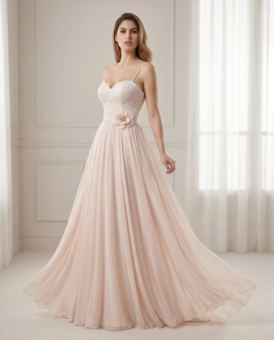 Blush Chiffon Lace-Bodice Gown