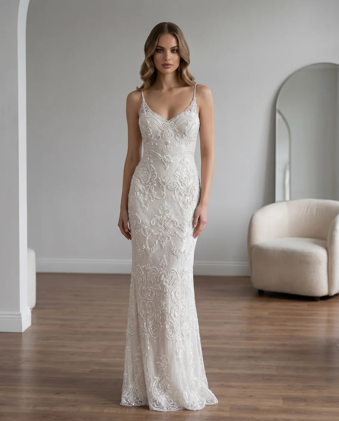 Beaded Scroll Fitted Gown