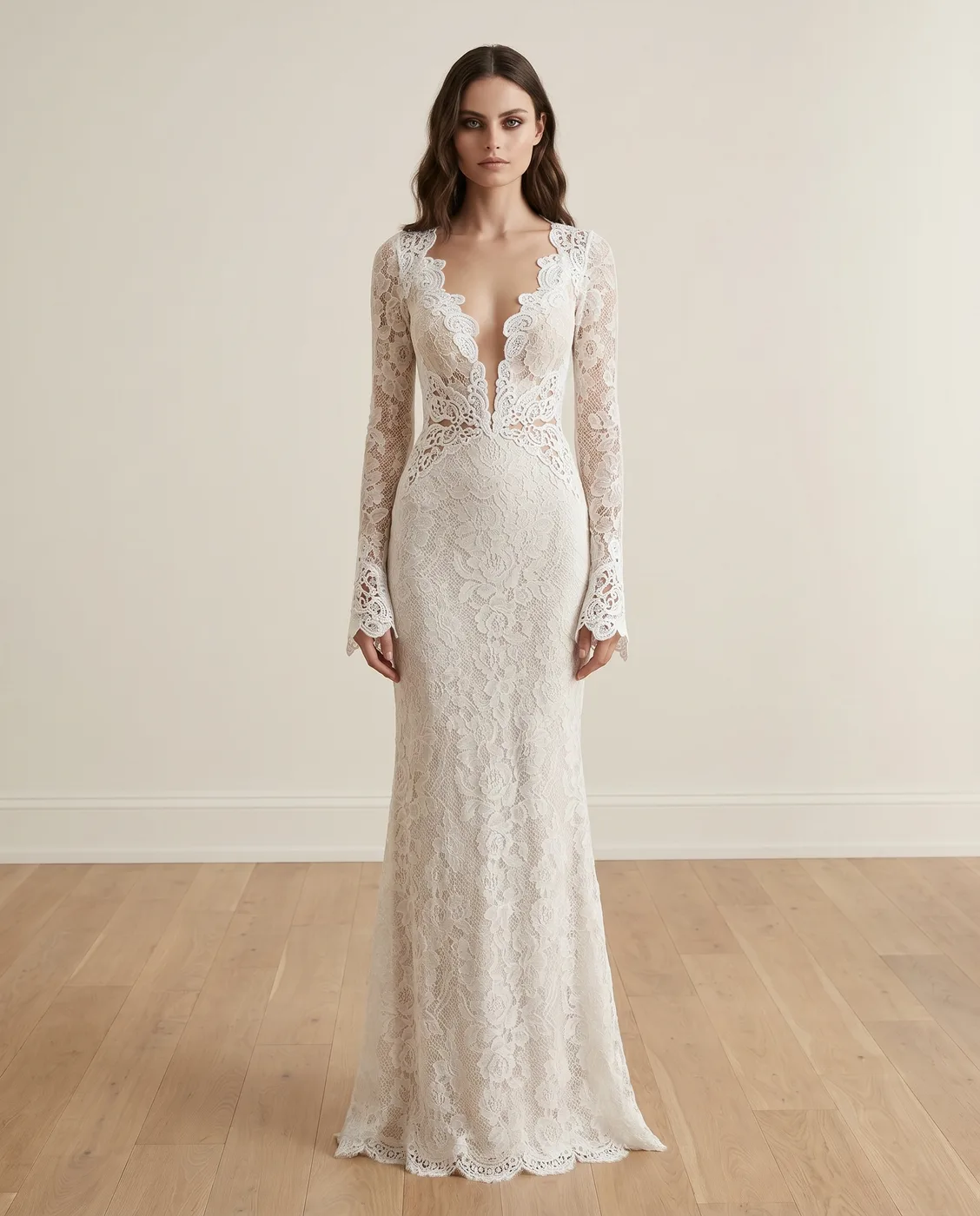 Plunging Lace Sheath Gown
