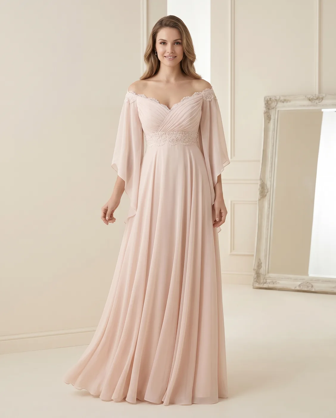Blush Off-Shoulder Grecian Gown