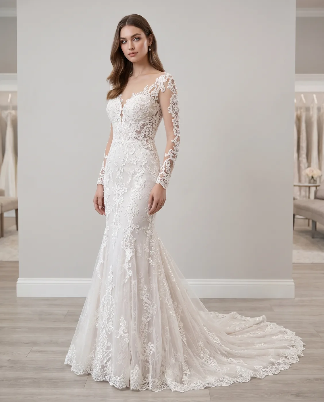 Long-Sleeve Lace Mermaid Gown