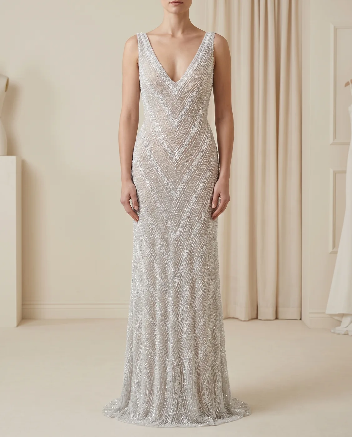 Silver Beaded V-Neck Column