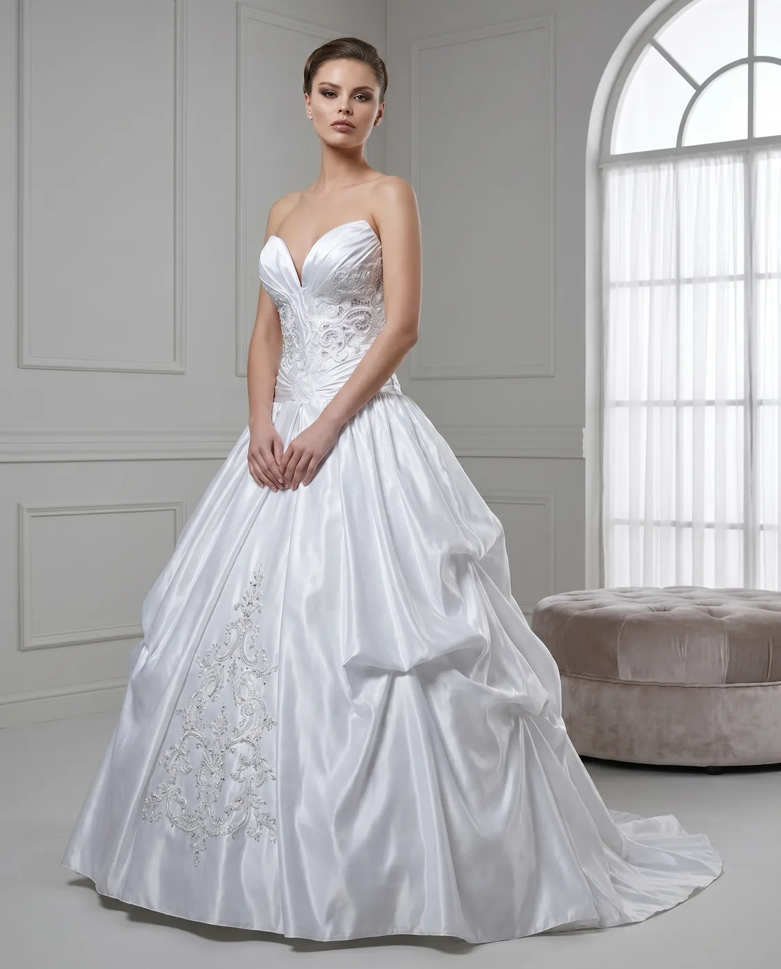 Satin Embroidered Drop-Waist Gown