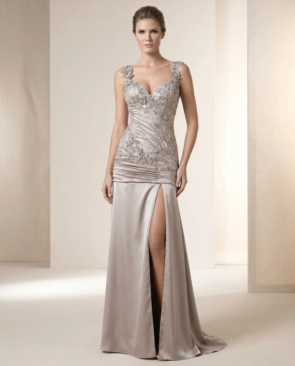 Taupe Beaded Slit Gown