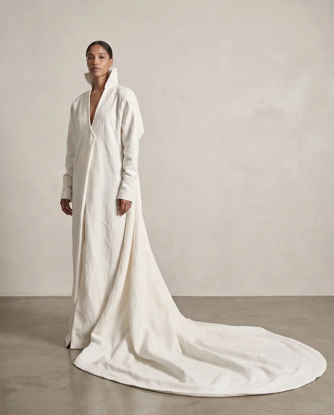 Linen Funnel-Collar Coat Gown