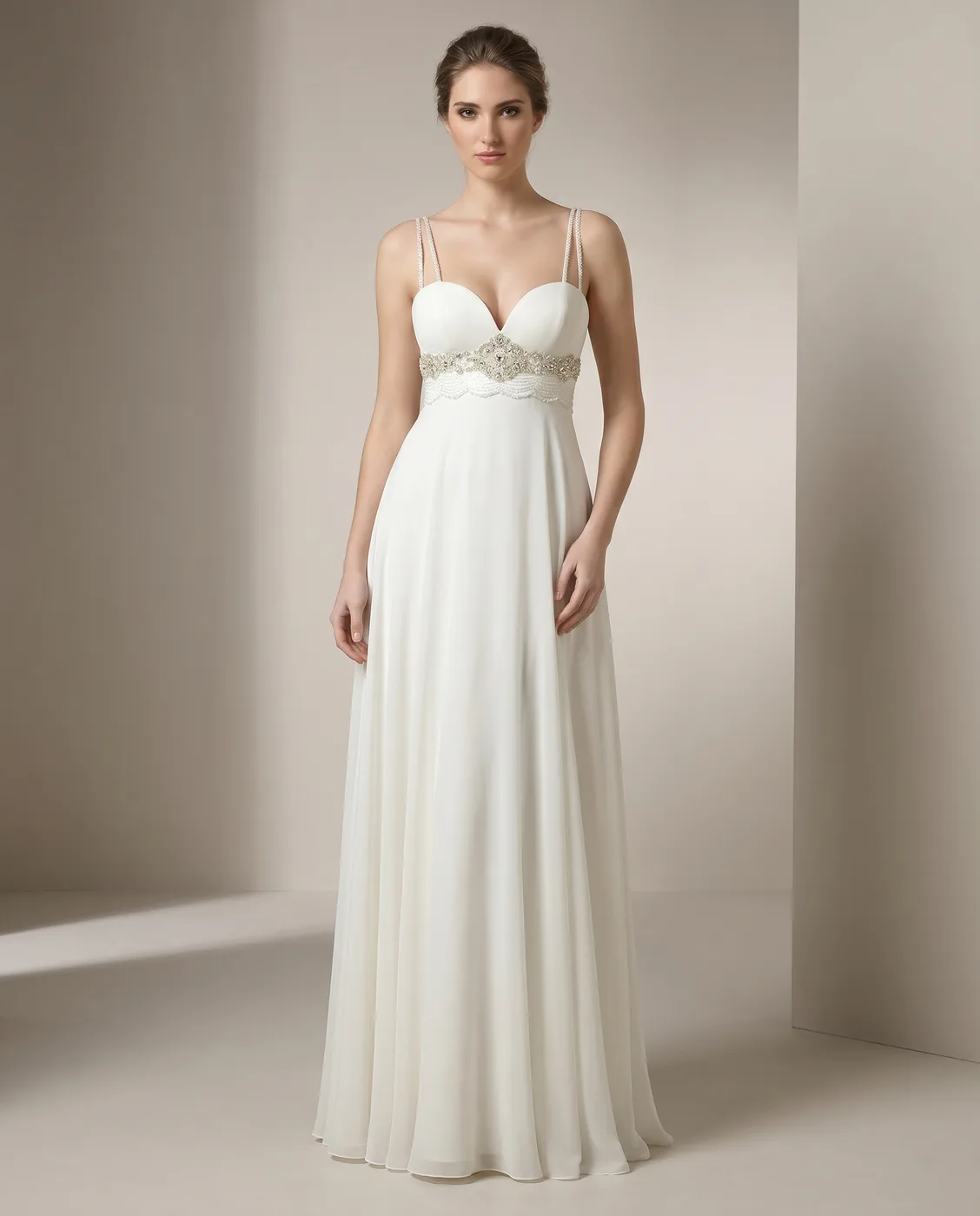 Ivory Empire Beaded-Band Gown