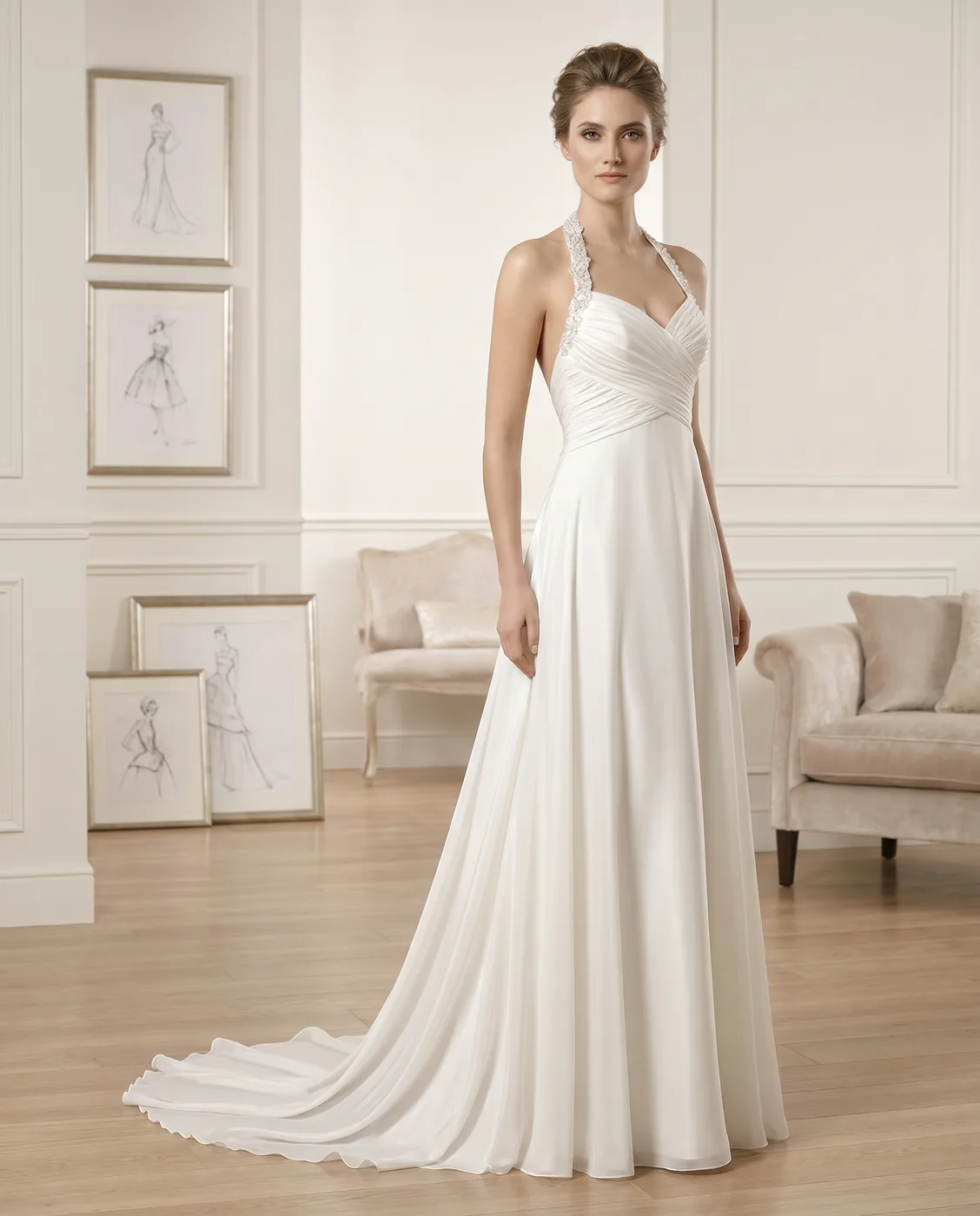 Ivory Halter Open-Back Gown