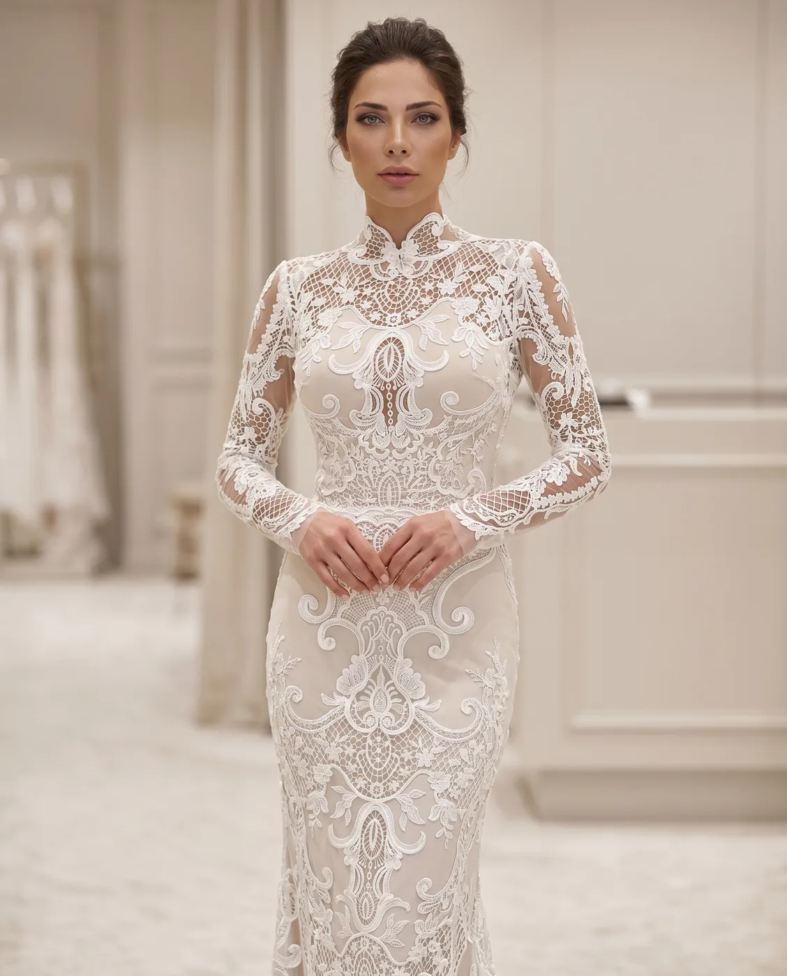 Baroque Lace High-Neck Gown