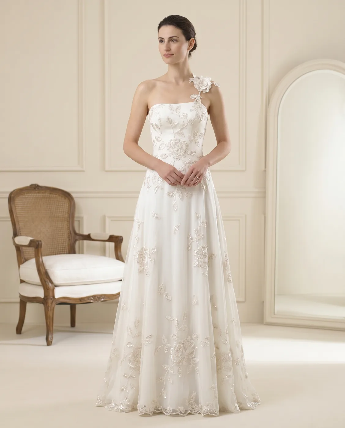 One-Shoulder Floral Gown