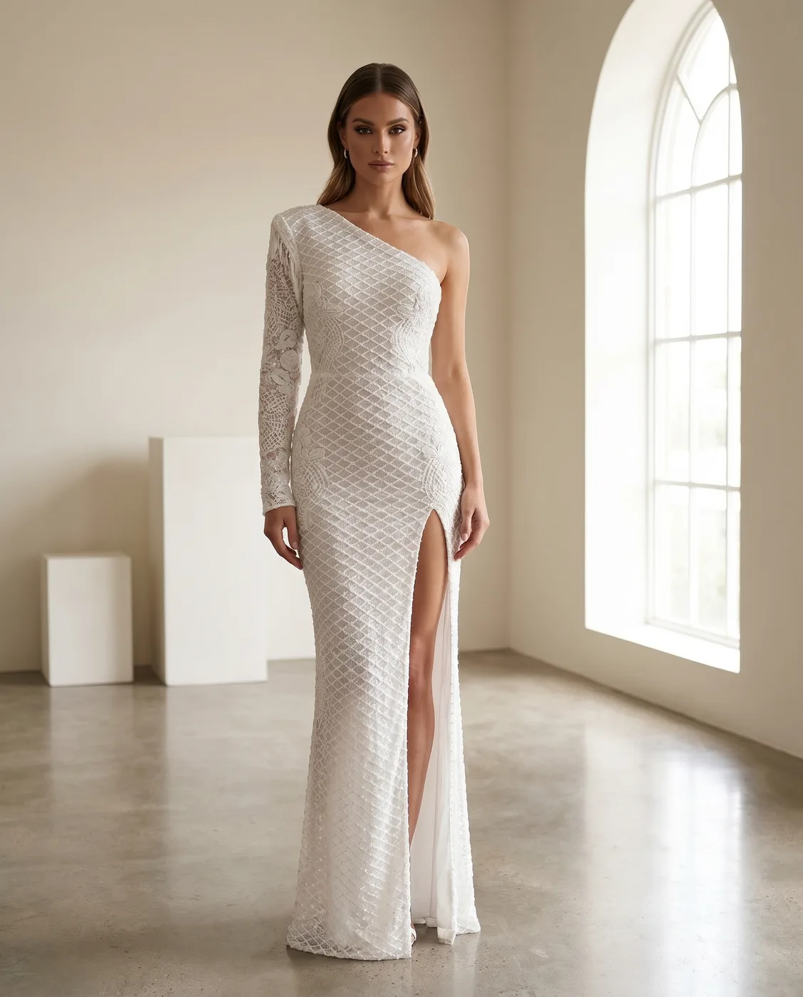 One-Shoulder Textured Lace Gown