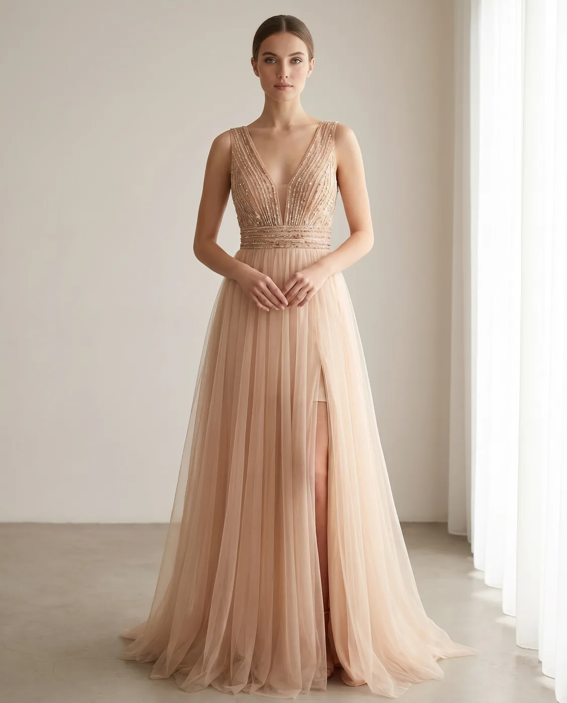 Beaded Nude Tulle Gown