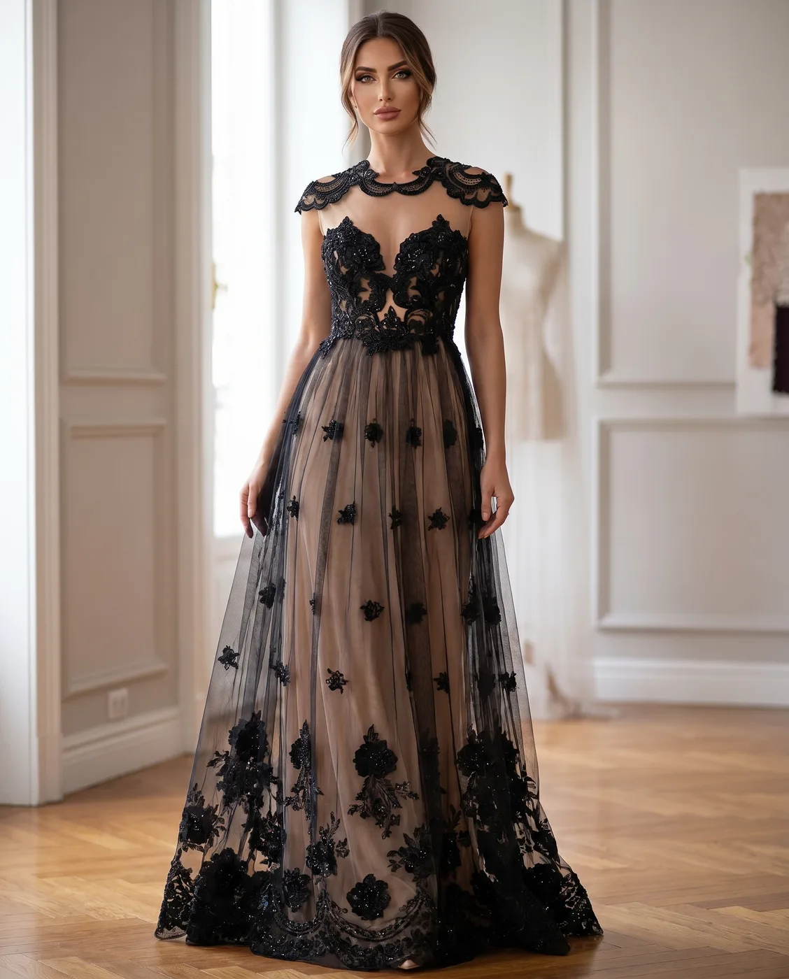 Black Lace Over Nude Gown