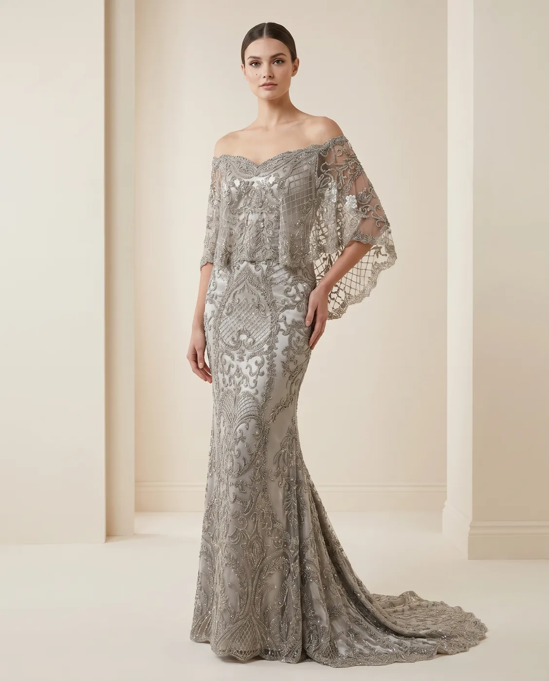 Silver Beaded Caplet Gown