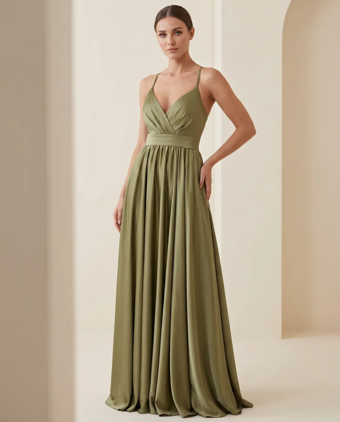Olive Satin Grecian Gown