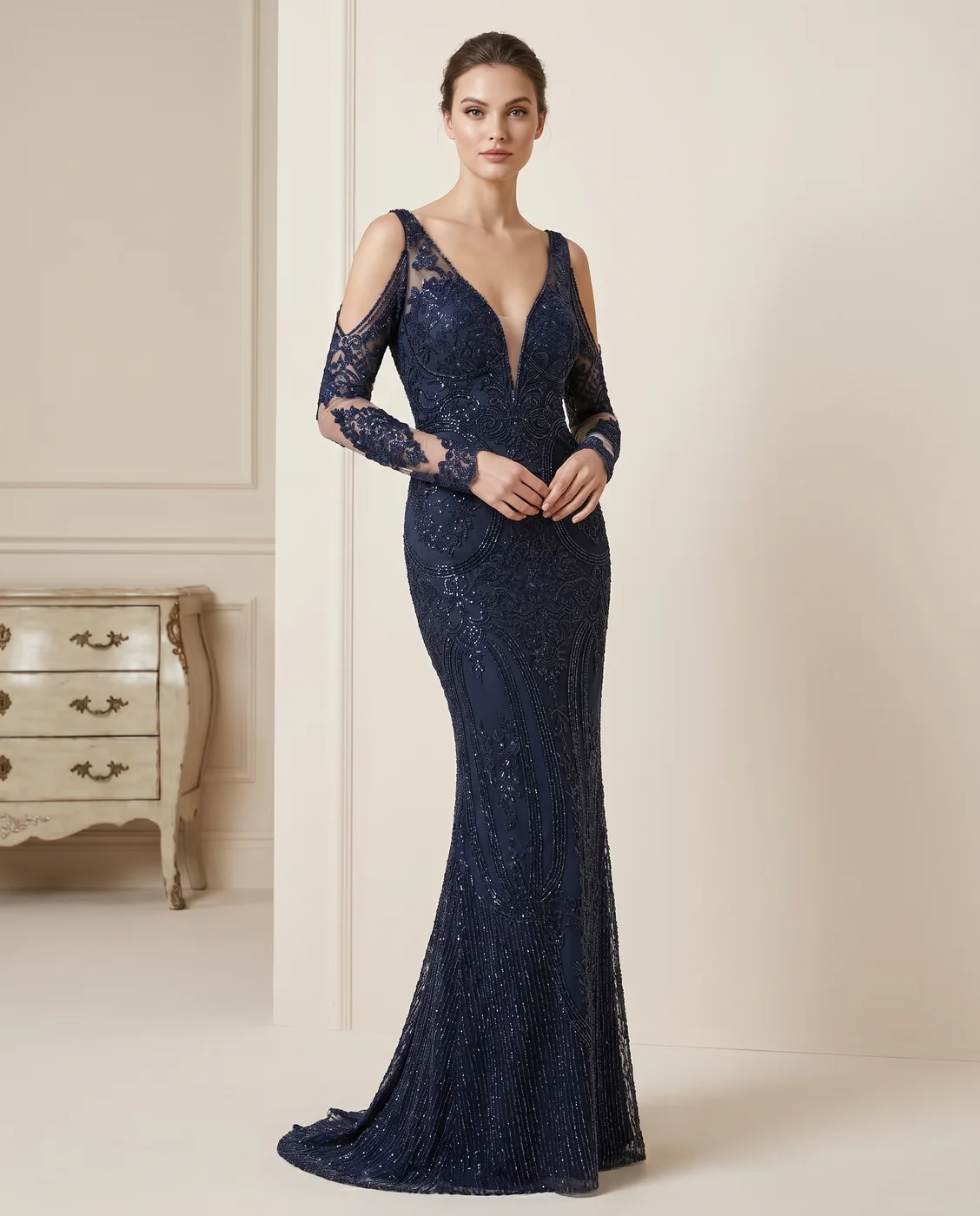 Navy Beaded Cold-Shoulder Gown