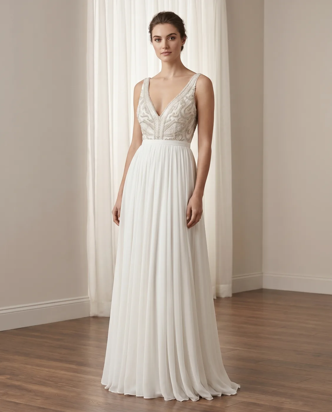 Beaded V-Neck Chiffon Gown