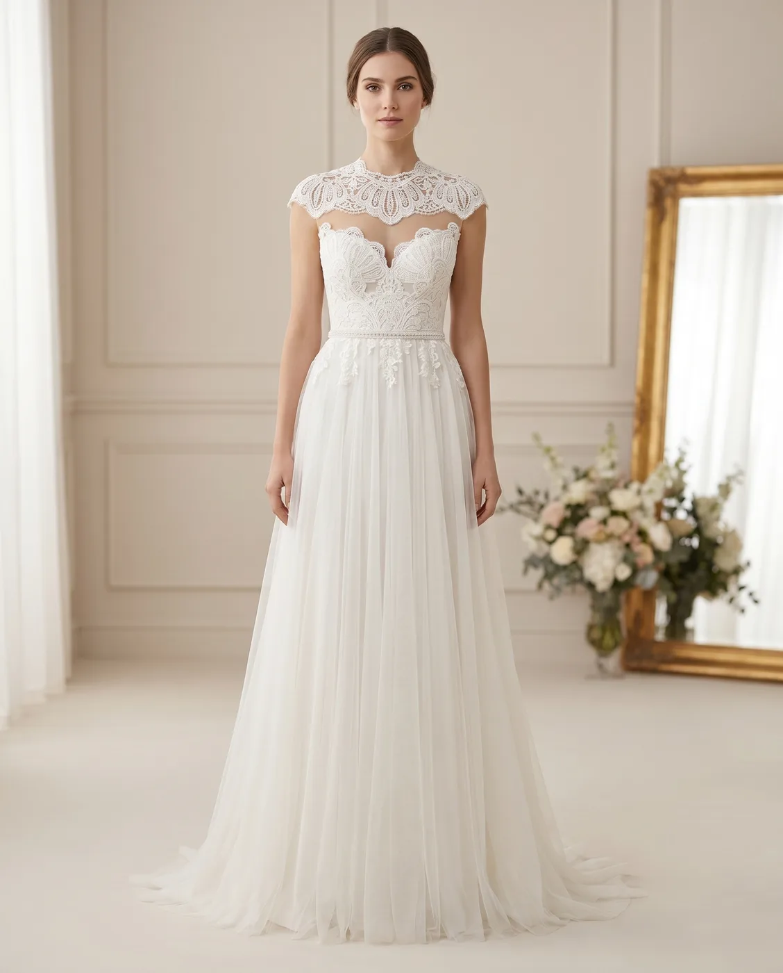 Ivory High-Neck Lace Gown