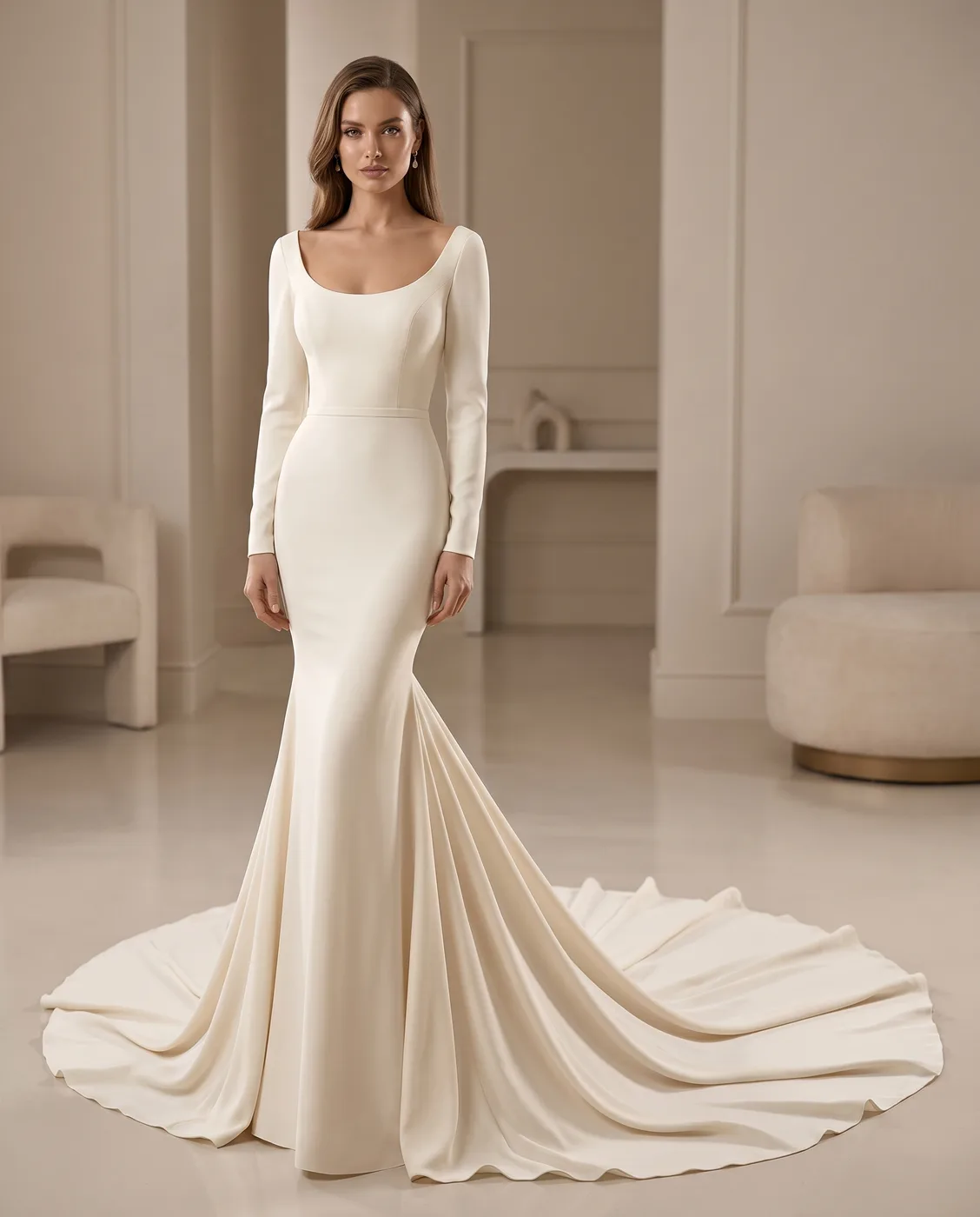 Cream Long-Sleeve Mermaid Gown