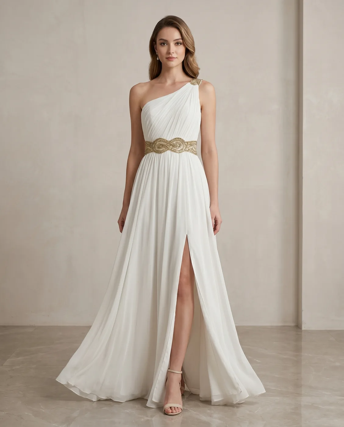 Ivory Grecian One-Shoulder Gown