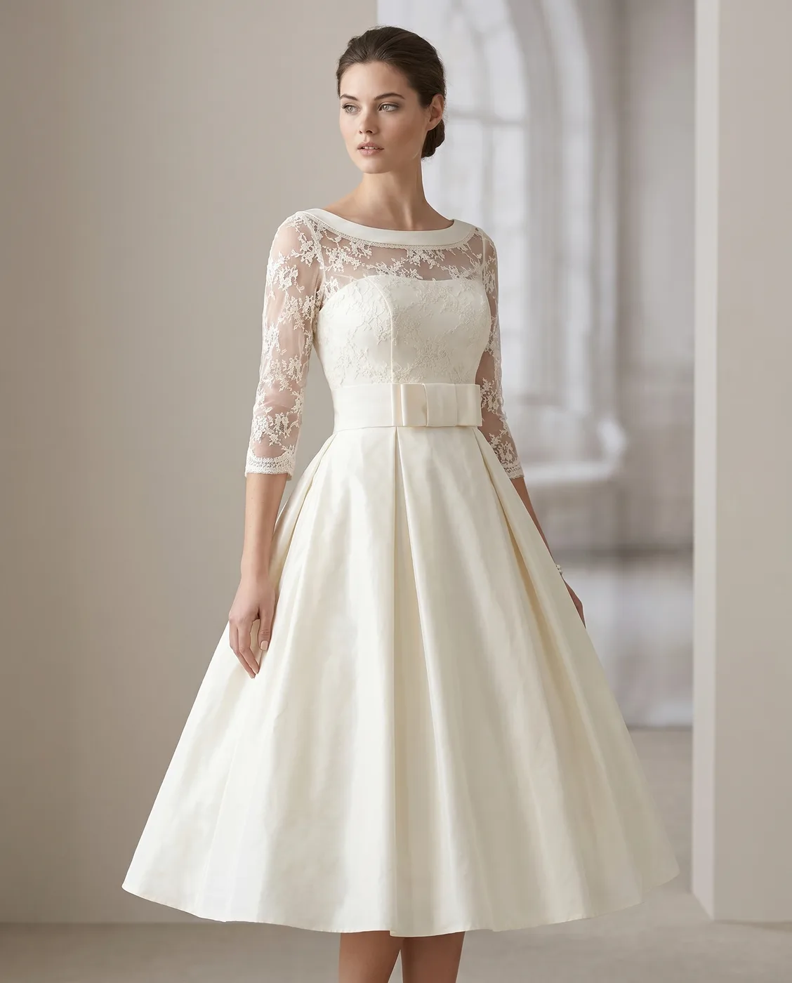 Tea-Length Lace-Sleeve Gown