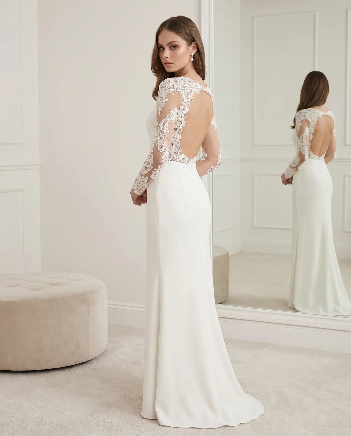 Illusion-Back Lace Crepe Gown
