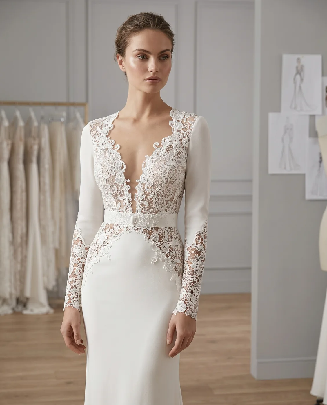 Ivory Plunge Lace Gown